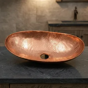 Hammered Copper Vessel Sink Oval Unlacquered <b>Bathroom</b> Sink Handmade Copper Wash Basin <b>Rustic</b> Luxury <b>Vanity</b> Basin For Home Hotel - Product Image 4