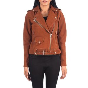 Brown <b>Suede</b> Women's Biker <b>Jacket</b> Belted Motorbike Coat Zipper Patch Pocket Casual Outerwear - Product Image 1