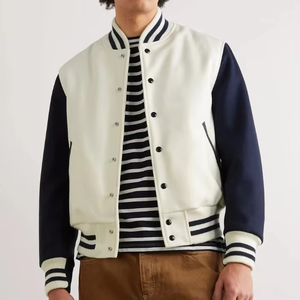 Men's Pu Varsity <b>Jacket</b> <b>White</b> Navy Striped Collar Stand Regular Fit Preppy Style Autumn Casual Streetwear Button Closure - Product Image 1