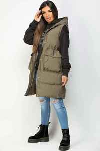 Gilet long matelassé à capuche pour femme, couleur unie, vêtement d'hiver, rembourrage en polyester, fermeture éclair épaisse, poches - Product Image 4