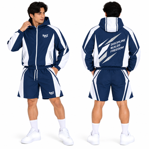 Conjunto de Chaqueta Cortavientos y Pantalones Cortos Azul Marino con Logotipo Bordado Personalizado, Traje Deportivo de Verano Ligero de Nailon con Parches, Sudadera con Capucha, Estilo Americano - Product Image 1