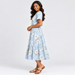 Women's Light Blue Floral Midi <b>Dress</b> Short Sleeve Split Neck Tiered A-Line <b>Pocket</b> Casual Summer <b>Dress</b> Wholesale OEM ODM Clothing - Product Image 2