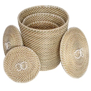 Set of 3 nesting round seagrass <b>baskets</b> with lids Handmade <b>Storage</b> <b>Basket</b> Wholesale eco-friendly Made in Vietnam - Product Image 2