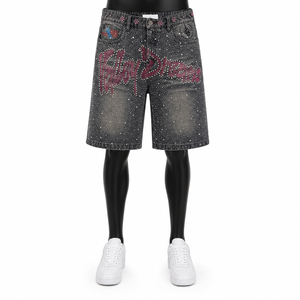 Pantalones Cortos de Mezclilla con Gráficos de Diamantes de Imitación Personalizados para Hombre, Estilo Vintage Lavado, Holgados, Streetwear, OEM ODM al por Mayor - Product Image 1