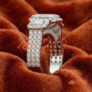 Elegant 925 Sterling <b>Silver</b> <b>Emerald</b> Cut Halo Diamond Engagement <b>Ring</b> with Baguette Side Stones and Double Band for Women - Product Image 3