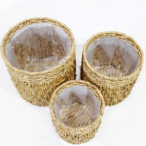 Round Water Hyacinth Storage Bins Set of 3 Natural Rattan Bohemian Style Indoor Outdoor Organizers <b>Stackable</b> Design for Sun - Product Image 2