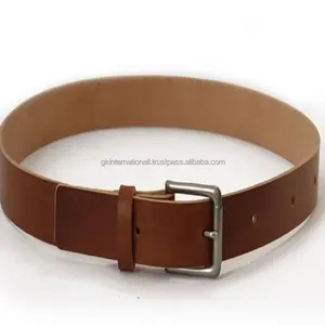 Vintage style classic leather casual belt in brown finished color natural edges with roller brass pin buckle and snap button