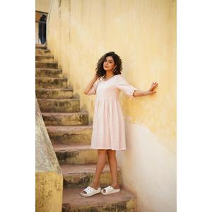 Robe midi en coton et lin pour femmes, col rond, manches 3/4, coupe ample, robe d'été décontractée - Product Image 2