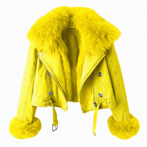 Veste moto en jean jaune pour femme avec col et poignets en fourrure de renard, manteau court chaud d'hiver à manches longues, couleur unie - Product Image 1