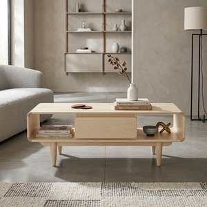 Meuble de salon en bois massif, style Mid-Century Modern, meuble central avec bordure arrondie en cascade et tiroir de rangement - Product Image 4