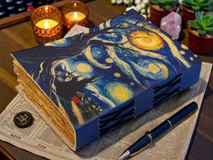 Herb Heritage Tree <b>Life</b> Starry Night Handmade Blue Buffalo Leather <b>Journal</b> Grimoire Van Gogh Art Cover 200 Sheets Embossed Logo - Product Image 5