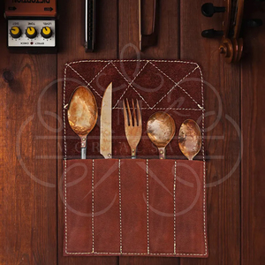Ensemble de couverts en cuivre forgé à la main avec étui en cuir, 4 pièces, ustensiles de camping, cuillère, fourchette, couteau, ensemble de repas rustique pour l'extérieur - Product Image 4