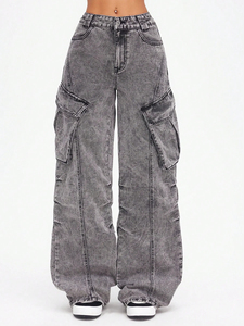 Servicio de Fabricante OEM: Pantalones Vaqueros Anchos de Moda Urbana para Mujer y Pantalones Holgados Vintage Lavados y Desgastados para Mujer - Product Image 2