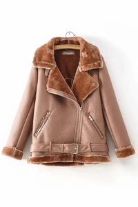 <b>Men's</b> Black PU Leather Moto Jacket With Faux Fur Lining Zipper Closure <b>Belted</b> Winter Biker Coat Women's Thickened Fur All-In-One - Product Image 3