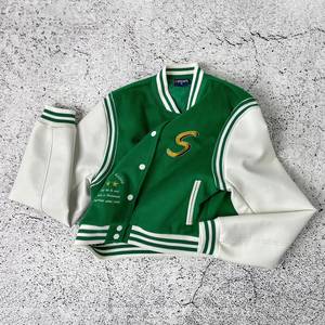 Men's Green Varsity <b>Jacket</b> <b>White</b> PU Sleeves Embroidered S Logo Turn-down Collar Casual Autumn Wear - Product Image 2