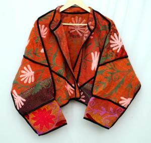 Eco-friendly Knitted Cotton <b>Kantha</b> Embroidered Mandarin Collar Winter <b>Jacket</b> Floral Stripe Digital Print Full Sleeves Breathable - Product Image 3