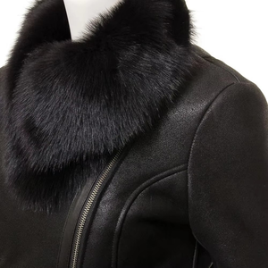 Women's Genuine Sheepskin Leather Motorcycle Jacket With Fox Fur Collar And Cuffs Winter Style Zipper Closure - Product Image 5