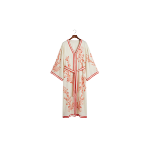 <b>White</b> Women's Floor Length Kaftan with Blue Geometric Pattern and Tassels for Women's Modest <b>Maxi</b> Dress Loose Fit Long Sleeve - Product Image 2