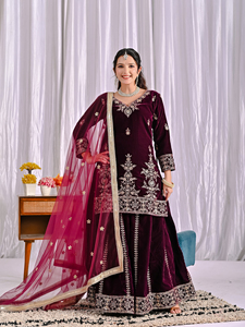 Viscose Velvet Multi Sequence Kurti Set With Lined Palazzo Pant And Lace Butterfly Net Dupatta For Women (MW 5052) - Product Image 3