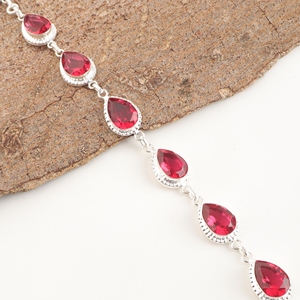 Pulseras de diseño tenis con rubelita rosa, gema tallada en pera, latón chapado en plata de ley 925, engastes de bisel hechos a mano para mujer - Product Image 3
