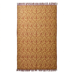 Tapis décoratif plat tissé à la main en laine dorée moutarde, écologique et antidérapant, avec motif géométrique vieilli et franges - Product Image 3
