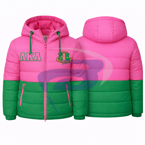 Alpha |   Kapa |   Blouson d'hiver chaud à capuche rose et vert Alpha Sorority, style streetwear, avec logo frontal personnalisé, sororité grecque AKA - Product Image 1