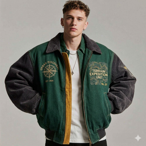 Chaqueta Varsity de Pana Vintage Personalizada con Parche Bordado, Chaqueta Bomber Retro para Hombre, Chaqueta de Pana con Cuello en Contraste - Product Image 2