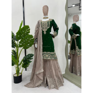 Robe de soirée et dupatta FABZONE avec broderie en faux georgette et travail de séquence, dentelle fantaisie perlée - Ensemble de robe élégante avec travail de séquence FZKD - Product Image 1