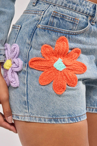 Shorts pour hommes en denim avec appliques florales, taille haute, à boutons, séchage rapide, pour la gym et la course, en coton tissé décontracté - Product Image 6