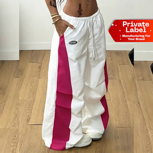Women's <b>Summer</b> Flat Front Oversized Wide-Leg <b>Pants</b>-White & Pink Color Block Trousers with Drawstring Waist 100% Cotton - Product Image 1