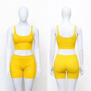 Ensemble de vêtements de sport pour femmes, haut court à manches courtes bleu uni et short assorti, OEM ODM, vente en gros - Product Image 5