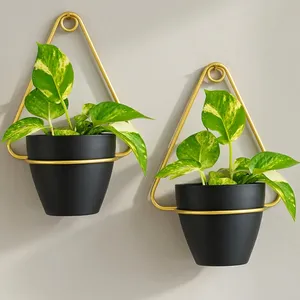 Black Metal <b>Wall</b> <b>Hanging</b> <b>Planter</b> Pots with Gold Triangle Frames | Modern Geometric Flower Pot Holders for <b>Indoor</b> Home Decor - Product Image 2