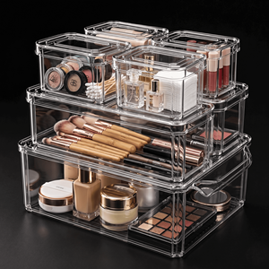 Clear PET Plastic Cosmetic Storage Bins for Makeup Skincare Tools & Countertop Organization - Product Image 1