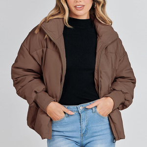 Veste matelassée marron pour femme, col montant, fermeture éclair, manches longues, manteau d'hiver épais et chaud, couleur unie, vêtement d'extérieur - Product Image 6