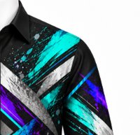 Kemeja Pria Lengan Panjang Hitam Kancing Depan Motif Grafis Ungu Teal Abstrak Modern Kasual Bahan Katun 100% Bernapas Modis