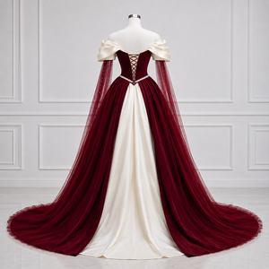 Robe de mariée de luxe en satin bordeaux ivoire, coupe épaule, taille naturelle, longueur ras du sol, traîne balayante, broderie florale - Product Image 2
