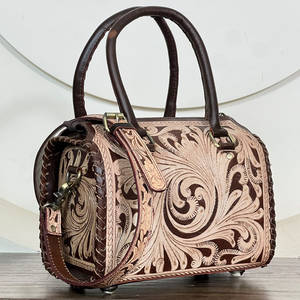 Ensemble de 2 sacs à main assortis en cuir véritable fait main, design floral vintage, fermeture éclair, sacs de voyage pour femmes, sacs bandoulière - Product Image 4