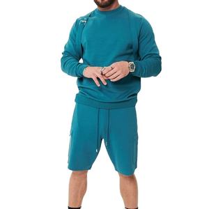 Men's Teal Crew Neck Sweatshirt And Shorts <b>Set</b> <b>Knitted</b> Cotton Men's Summer Casual Two-piece <b>Set</b> Terry Fabric Quick Dry Short - Product Image 1