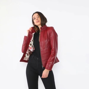 Custom Ladies <b>Quilted</b> Leather <b>Jacket</b> With Chenille Letters Womens Bomber Leather <b>Jacket</b> Supplier For Winter Wholesale - Product Image 4