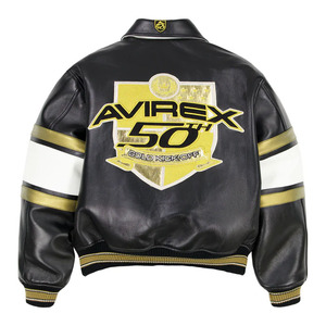 เสื้อแจ็คเก็ตหนัง PU สีดำสำหรับผู้ชายยี่ห้อ Avirex พร้อมแถบสีทองขาวและโลโก้ด้านหน้าแบบพิมพ์ลาย 50 ลายด้วยเทคนิค Heat Transfer ทรงปกติสำหรับฤดูใบไม้ร่วง - Product Image 2
