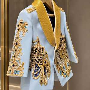 Traje de Esmoquin para Niño, Bordado a Mano, Azul Rey con Perlas Doradas, Blazer con Cuentas, Diseño de Alta Costura, Ropa Formal para Niños, Traje de Tres Piezas para Bodas y Fiestas - Product Image 4