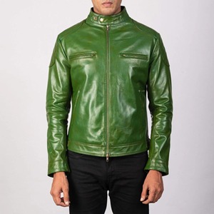 Veste en cuir pour homme de qualité supérieure, en cuir de vache véritable, zippée, teinte en vert, style moto, veste d'hiver de haute qualité pour homme - Product Image 1