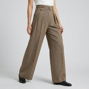 Pantalon large à taille haute pour femme, à carreaux, plissé, coupe ample, longueur intégrale, en laine et polyester, décontracté, pour l'automne - Product Image 5