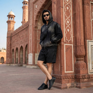 Men's Hooded Sweatshirt Set Gradient Color Dip Dye <b>French</b> Terry Casual Autumn Wear Black Long Sleeve Shorts Matching <b>Outfit</b> - Product Image 4