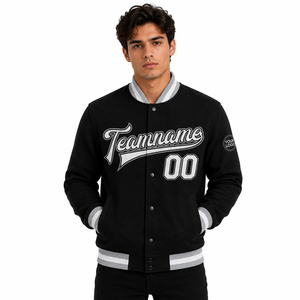Chaqueta Varsity Personalizada de Fábrica para Hombre, Chaqueta Bomber de Béisbol Negra Premium con Tejido de Canalé, Logotipo Frontal OEM, Ropa Urbana con Nombre y Número Personalizados - Product Image 2