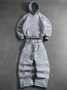 Unisex Gray Hooded Tracksuit Full Sleeve Solid Color Casual Sweatshirt Elastic Waist Pants Breathable Midweight <b>Jogging</b> <b>Suit</b> - Product Image 5