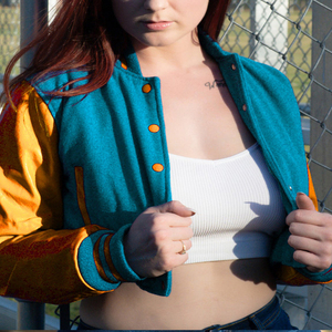 Veste courte universitaire pour femme, style Letterman, jaune turquoise, avec manches en similicuir, vêtement d'extérieur décontracté, mode féminine - Product Image 1
