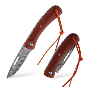 Navaja Plegable con Hoja de Acero de Damasco, Punta Caída, Mango de Madera, Perilla de Pulgar, Diseño Artístico, Navaja de Bolsillo - Product Image 5