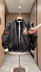 OEM Men's Black Bomber <b>Jacket</b> With Patch Designs Zipper Closure Regular Fit High Street Breathable Eco-Friendly 100% Cotton - Product Image 1