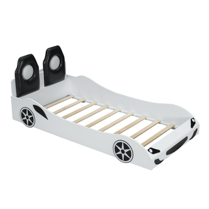 White Twin Size Race Car Shaped Platform Bed for Kids Featuring LED Lights and Upholstered Backrest Wood Construction - Product Image 6